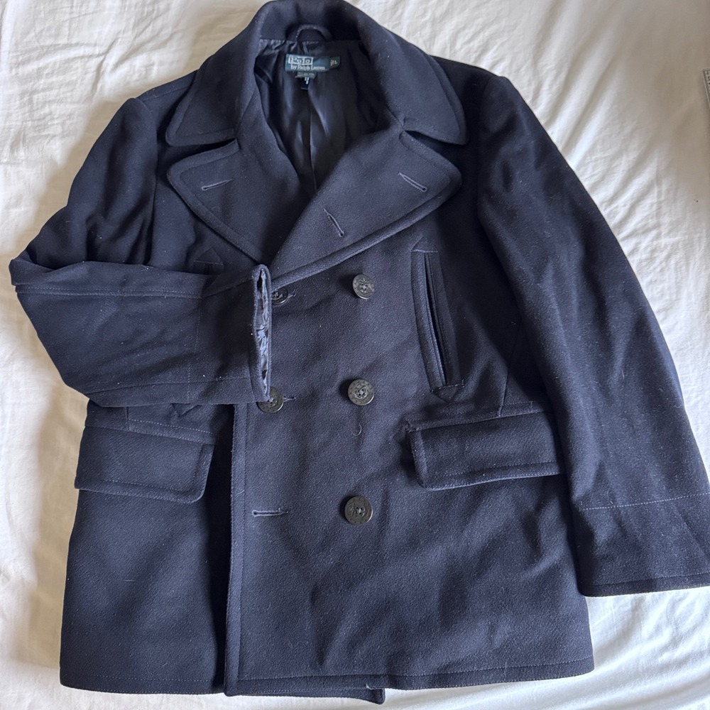 Polo Ralph Lauren Pea Coat Mens Large Navy Blue Solid Wool Double Breasted Outer